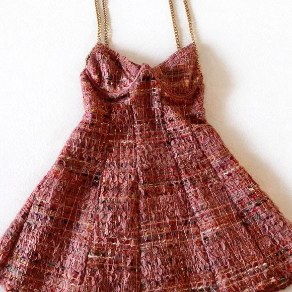 For Love And Lemons Rose Tweed Mini Dress with Gold Chain Straps - Picture 2 of 3